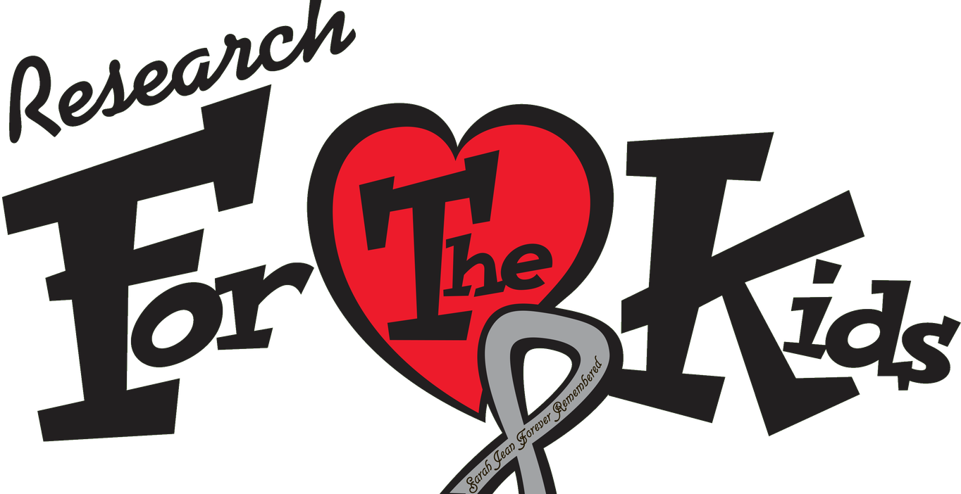 The Research For The Kids logo: the words set around a red heart, with a grey awareness ribbon reading Sarah Jean Forever Remembered