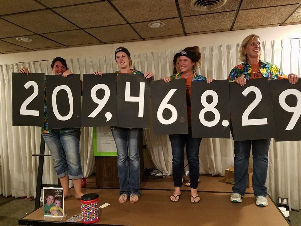 Four volunteers holding cards reading 209,468.29