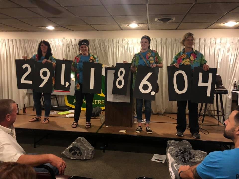 Four volunteers in Hawaiian shirts holding cards reading 291,186.04