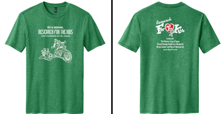 Green Research For The Kids t-shirt, front and back. The front reads 18th Annual Research For The Kids, September 19th, 2026 above a motorcycle drawing.